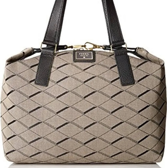 Fossil Handbags - ✔️Fossil Beige Woven Satchel with Black Leather Handles, EUC